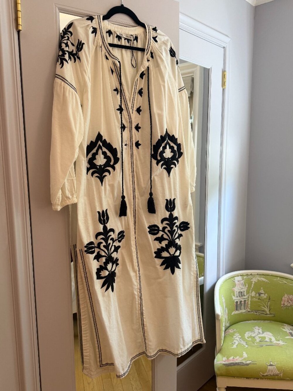 Zara White Cotton Maxi Dress with Black Embroidery, Size M